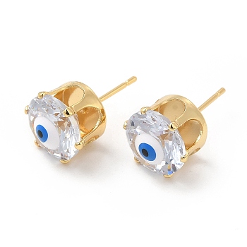 Flat Round Glass with Enamel Evil Eye Stud Earrings, Real 18K Gold Plated Brass Jewelry for Women, White, 11mm, Pin: 0.8mm