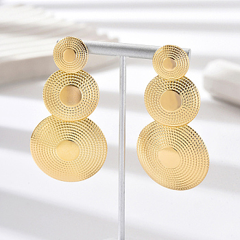 Zinc Alloy Triple Textured Disc Dangle Stud Earring for Women, Real 18K Gold Plated, 67x36mm