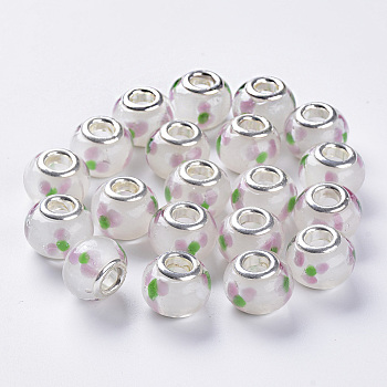 Handmade Lampwork European Beads, Large Hole Beads, with Silver Color Plated Brass Double Cores, Inner Flower Lampwork, Rondelle, Colorful, 14x11mm, Hole: 5mm