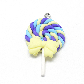 Handmade Polymer Clay Pendants, Lollipop with Bowknot, Champagne Yellow, 40~53x27~30x7~9mm, Hole: 2mm