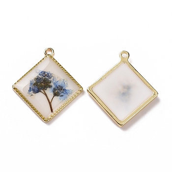 Transparent Clear Epoxy Resin Pendants, with Edge Golden Plated Alloy Loops, Rhombus Charms with Inner Flower, Cornflower Blue, 30x26.5x3mm, Hole: 1.8mm