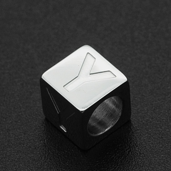 201 Stainless Steel European Beads, Large Hole Beads, Horizontal Hole, Cube, Stainless Steel Color, Letter.Y, 7x7x7mm, Hole: 5mm