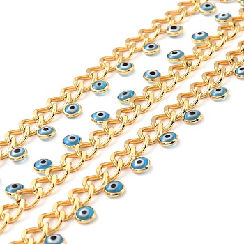 Handmade Brass Faceted Curb Chains, With Enamel Charm, Real 18K Gold Plated, Unwelded, Flat Round with Evil Eye, with Spool, Cadet Blue, Link: 10x14x2.5mm, 10x7.5x2mm