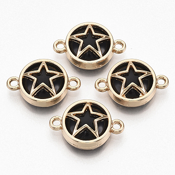 Glass Links connectors, with Light Gold Plated Alloy Findings, Flat Round with Star, Black, 13.5x19.5x5.5mm, Hole: 1.6mm