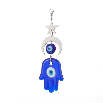Handmade Evil Eye Lampwork Pendants Decorations, 201 Stainless Steel Moon Star and Lobster Claw Clasps Charms, Hamsa Hand, 118mm