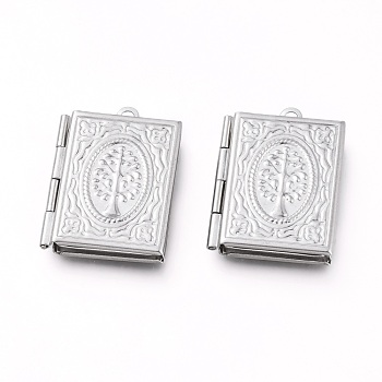 304 Stainless Steel Locket Pendants, Photo Frame Charms for Necklaces, Rectangle with Tree, Stainless Steel Color, Tray: 15x9.5mm, 26x19x5mm, Hole: 2mm