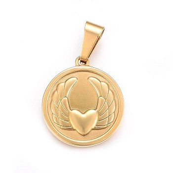304 Stainless Steel Pendants, Flat Round with Heart and Wing, Golden, 28.5x25x2.5mm, Hole: 10x6mm