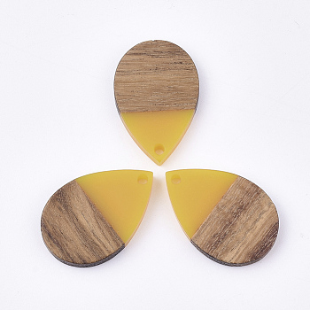 Resin & Walnut Wood Pendants, Teardrop, Gold, 28x19x3.5mm, Hole: 2mm