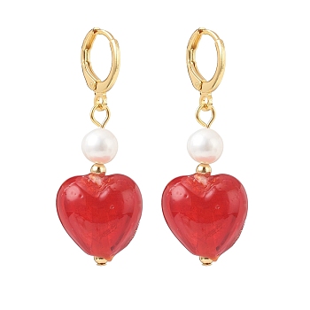 Red Glass Heart with Natural Pearl Dangle Leverback Earrings, Brass Long Drop Earrings for Women, Golden, 43mm, Pin: 1x0.8mm