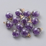 Transparent Glass Globe Pendants, with Resin Rhinestone inside & CCB Plastic Pendant Bails, Round, Light Gold, Indigo, 22x16mm, Hole: 2.5mm(GLAA-TAC0002-J09)