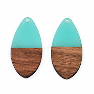 Transparent Resin & Walnut Wood Pendants, Teardrop Shape Charm, Turquoise, 38x18x3mm, Hole: 2mm(RESI-N025-032-C04)