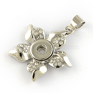Alloy Rhinestone Jewelry Pendants Making, For Snap Buttons, Flower, Platinum, Crystal, 36.5x34x5mm, Hole: 7x6mm, Fit snap button in 4~5mm knob(PALLOY-R092-02)
