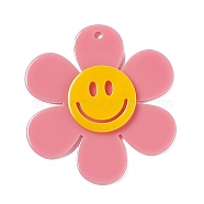 Opaque Acrylic Big Pendants, Sunflower with Smiling Face Charm, Pale Violet Red, 55x50.5x5mm, Hole: 2.5mm(OACR-P012-B08)