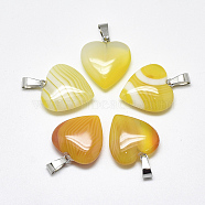 Natural Banded Agate/Striped Agate Pendants, Dyed, with Stainless Steel Snap On Bails, Heart, Stainless Steel Color, Yellow, 22~24x20~21x5~7mm, Hole: 3~4x7~8.5mm(G-T122-24E)