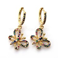 Brass Dangle Hoop Earrings, with Micro Pave Cubic Zirconia, Butterfly, Colorful, Golden, 34mm, Pin: 0.8mm(EJEW-F190-11G)