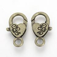 Alloy Lobster Claw Clasps, Heart, Antique Bronze, 26.5x15x6.5mm, Hole: 4mm(PALLOY-R070-11AB)