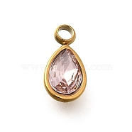 304 Stainless Steel Pendants, with Rhinestone, Real 18K Gold Plated, Ion Plating(IP), Teardrop, Light Rose, 10.5x5.5x0.5mm, Hole: 1.8mm(STAS-Q346-04G-03)