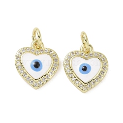 Real 18K Gold Plated Brass Micro Pave Cubic Zirconia Pendants, with Enamel and Jump Ring, Heart with Evil Eye Charms, White, 12.5x10.5x3~3.5mm, Hole: 3.4mm(KK-L209-074G-06)