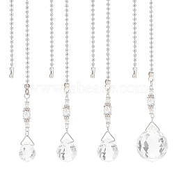 Electorplated Glass Ceiling Fan Pull Chain Extenders, with 304 Stainless Steel Ball Chains, Round with Teardrop Suncatchers, Stainless Steel Color, 365~386mm, 4 style, 1pc/style, 4pcs/set(FIND-AB00025)