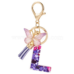 Resin Butterfly Pendant Keychains, with Suede Tassel Charms and Alloy Findings, for Car Key Bag Accessories, Golden, Blue Violet, Letter L, 105mm(KEYC-TAC0034-03L)