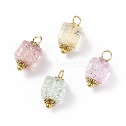 Crackle Glass Pendants, with Alloy Beads, Cube, Mixed Color, 14x6~6.5x6~6.5mm, Hole: 1.8~2mm(PALLOY-JF01455)