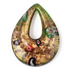 Handmade Gold Sand Lampwork Big Pendants, Inside Millefiori Glass, Teardrop, Green, 52.5x39x12mm, Hole: 25x10mm(LAMP-S189-14E)