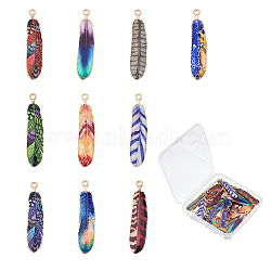 DICOSMETIC 40Pcs 10 Colors Alloy Pendants, Printed, Feather Charm, Light Gold, Mixed Color, 36.5x8x1.5mm, Hole: 1.8mm, 4pcs/color(FIND-DC0005-51)