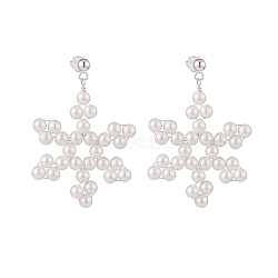 Shell Pearl Braided Snowflake Dangle Stud Earring, 304 Stainless Steel Christmas Jewelry for Women, White, 45mm, Pin: 0.7mm(EJEW-TA00084)