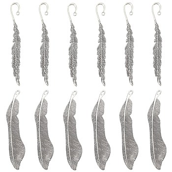12Pcs 2 Style Tibetan Style Alloy Bookmarks Findings with Hole, Feather, Antique Silver, 111~115x14.5~21.5x2~3mm, hole: 2.5~5.5mm, 6Pcs/style