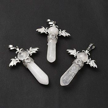 Natural Quartz Crystal Pendants, Rock Crystal Pendants, Angel Charms, with Rack Plating Platinum Tone Brass Findings, Cadmium Free & Lead Free, 52~53x37x11mm, Hole: 8x5mm