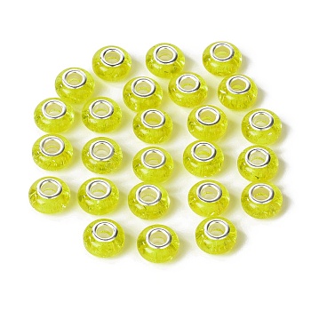 Rondelle Resin European Beads, Large Hole Beads, with Glitter Powder and Platinum Tone Brass Double Cores, Yellow, 13.5x8mm, Hole: 5mm