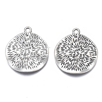 Tibetan Style Alloy Pendants, Cadmium Free & Lead Free, Textured, Flat Round, Antique Silver, 34x30x2mm, Hole: 2.5mm, about 300pcs/1000g