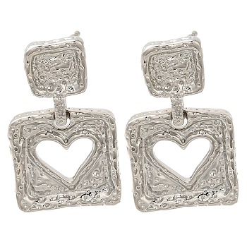 Rack Plating Square with Hollow Heart Brass Stud Earrings, Lead Free & Cadmium Free, Long-Lasting Plated, Platinum, 25x16mm