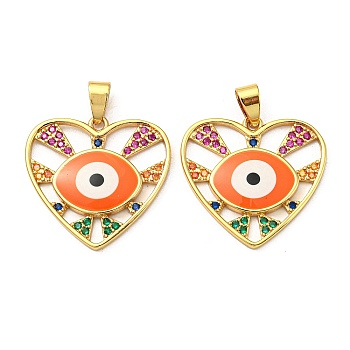Real 18K Gold Plated Brass Pendants, with Cubic Zirconia and Enamel, Heart with Evil Eye Charms, Orange, 24x25x3mm, Hole: 4.5x3.5mm