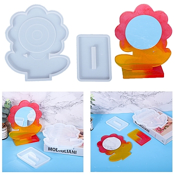DIY Flower Shape Desk Mirror Frame Silicone Molds, Resin Casting Molds, for UV Resin & Epoxy Resin Craft Making, Flower Pattern, 122~213x87~170x12.8mm, Round Mirror Tray: 63mm, 2pcs/set