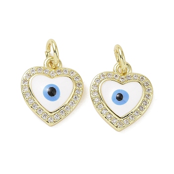 Real 18K Gold Plated Brass Micro Pave Cubic Zirconia Pendants, with Enamel and Jump Ring, Heart with Evil Eye Charms, White, 12.5x10.5x3~3.5mm, Hole: 3.4mm