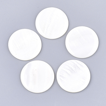 Freshwater Shell Cabochons, with Transparent Clear Epoxy Resin, Flat Round, Creamy White, 30~30.5x3~4mm
