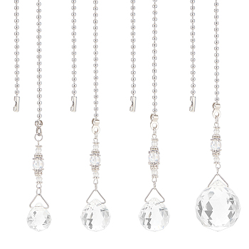 Electorplated Glass Ceiling Fan Pull Chain Extenders, with 304 Stainless Steel Ball Chains, Round with Teardrop Suncatchers, Stainless Steel Color, 365~386mm, 4 style, 1pc/style, 4pcs/set