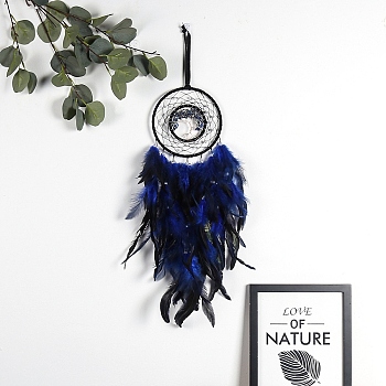 Iron & Natural Lapis Lazuli Woven Web/Net with Feather Pendant Decorations, with Imitation Pearl Beads, Flat Round with Tree Wall Hanging, 150mm
