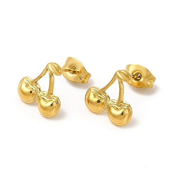 Ion Plating(IP) 304 Stainless Steel Stud Earrings for Women, Cherry, Real 18K Gold Plated, 11x11mm, Pin: 0.8mm