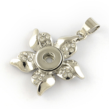 Alloy Rhinestone Jewelry Pendants Making, For Snap Buttons, Flower, Platinum, Crystal, 36.5x34x5mm, Hole: 7x6mm, Fit snap button in 4~5mm knob