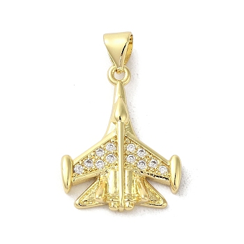 Rack Plating Brass Micro Pave Cubic Zirconia Pendants, Airplane, Long-Lasting Plated, Cadmium Free & Lead Free, Real 18K Gold Plated, 21.5x16.5x4mm, Hole: 4x3mm