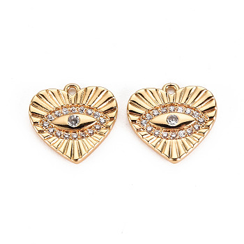 Brass Micro Pave Clear Cubic Zirconia Charms, Nickel Free, Heart with Eye, Real 18K Gold Plated, 11.5x12x2mm, Hole: 1mm