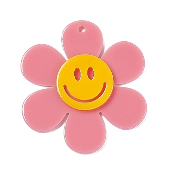 Opaque Acrylic Big Pendants, Sunflower with Smiling Face Charm, Pale Violet Red, 55x50.5x5mm, Hole: 2.5mm