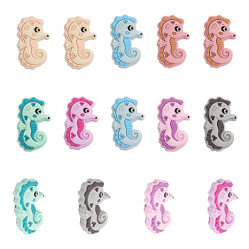 14Pcs 7 Colors Food Grade Eco-Friendly Silicone Beads, Chewing Beads For Teethers, DIY Nursing Necklaces Making, Sea Horse, Mixed Color, 35x21x9.5mm, Hole: 2mm, 2pcs/color