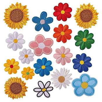 18Pcs 18 Style Computerized Embroidery Cloth Iron on/Sew on Patches, Costume Accessories, Flower, Mixed Color, 1pc/style