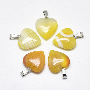 Natural Banded Agate/Striped Agate Pendants, Dyed, with Stainless Steel Snap On Bails, Heart, Stainless Steel Color, Yellow, 22~24x20~21x5~7mm, Hole: 3~4x7~8.5mm
