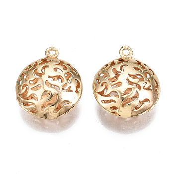 Brass Pendants, Hollow, Nickel Free, Flat Round, Real 18K Gold Plated, 21x17.5x8mm, Hole: 1.2mm