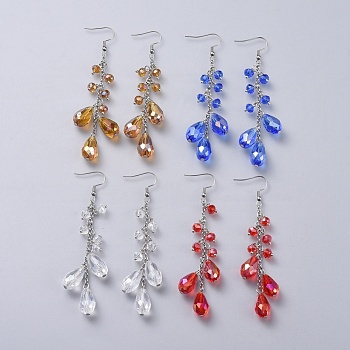 teardrop, Glass Dangle Earrings, with 316 Surgical Stainless Steel Earring Hooks, Iron and Brass Findings, Platinum, Mixed Color, 88mm, Pin: 0.6mm