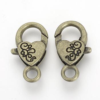 Alloy Lobster Claw Clasps, Heart, Antique Bronze, 26.5x15x6.5mm, Hole: 4mm